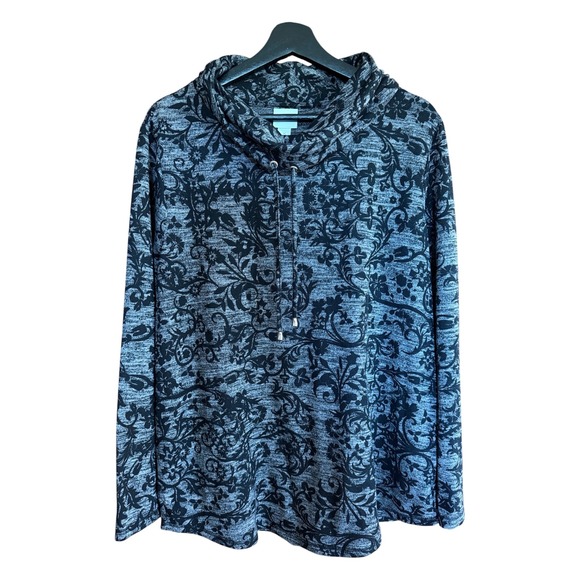 Chico's Sweaters - Weekends by Chico's Size 3 (XL/16) Grey Black Damask Floral Cowl Neck Sweatshirt